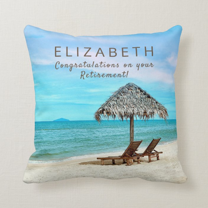 Retirement Custom Name with Text Tropical Beach Throw Pillow