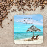 Retirement Custom Text Tropical Beach Themed Square Paper Coaster<br><div class="desc">A tropical beach design that can be personalized with your name and message. The retiree's name has been set in popular and contemporary typography. The text "Congratulations on your retirement" is set in a hand written script font, and this message can be customized with your own message or kept "'as...</div>
