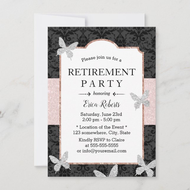 Retirement Damask Pink Glitter Belt Butterfly Invitation (Front)