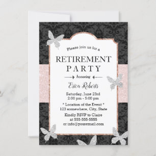 Retirement Damask Pink Glitter Belt Butterfly Invitation