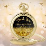 Retirement dentist black gold bow thank you pocket watch<br><div class="desc">Elegant,  classic,  glamorous and feminine. A gift for a retired female dentist.  A faux gold colored bow and ribbon. Black background. With the text: Thank You,  templates for a name and occupation,  profession.</div>