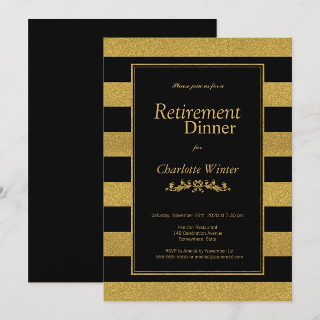 Retirement Dinner Black and Gold Glitter Striped Invitation (Front/Back)
