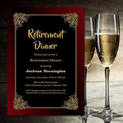 Retirement Dinner Party Black Red Gold Invitation