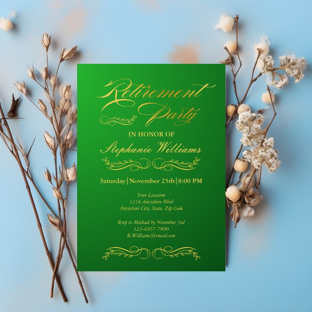 Retirement Elegant Female Green and Gold  Invitation (Creator Uploaded)