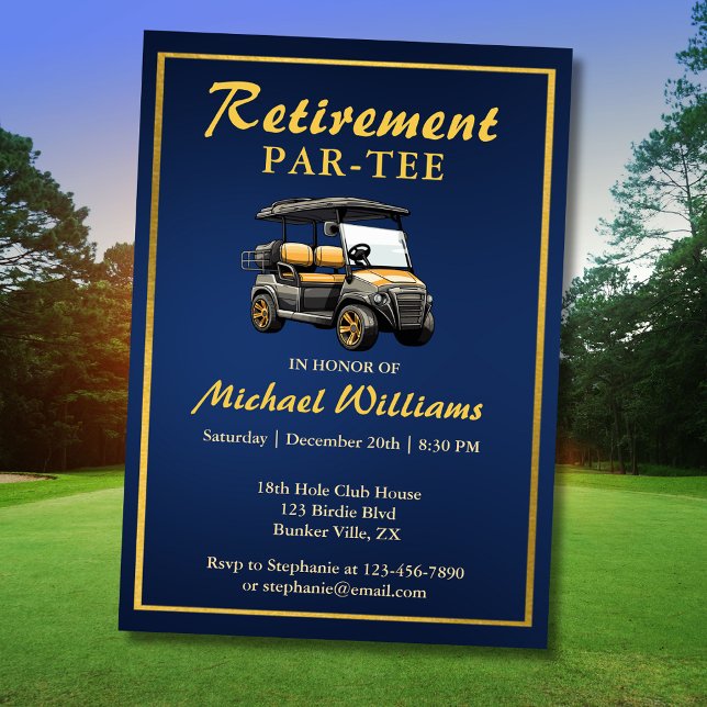 Retirement Elegant Golf Theme Cart Blue Gold Invitation (Creator Uploaded)