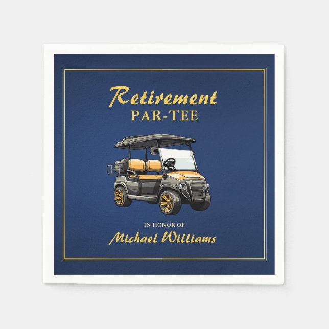 Retirement Elegant Golf Theme Cart Blue Gold Napkins (Front)