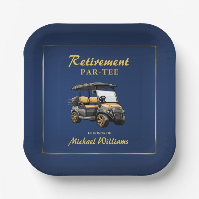 Retirement Elegant Golf Theme Cart Blue Gold Paper Plates (Front)