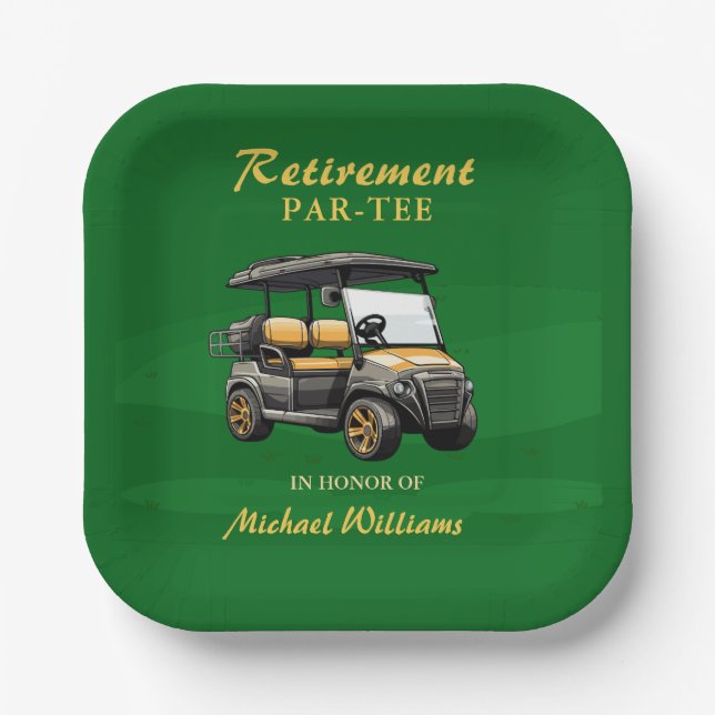 Retirement Elegant Golf Theme Cart Green Gold Paper Plates (Front)