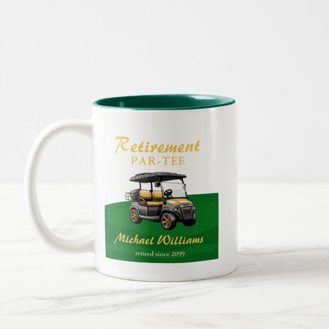 Retirement Elegant Golf Theme Cart Green Gold Two-Tone Coffee Mug (Left)