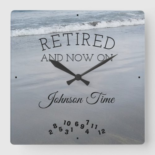 Retirement Family Name Celebrate Sand Beach Photo Square Wall Clock