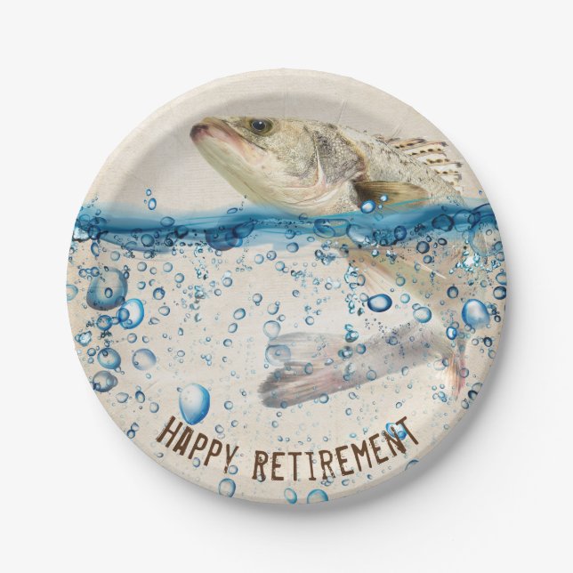 Retirement fish jumping out of water paper plates (Front)