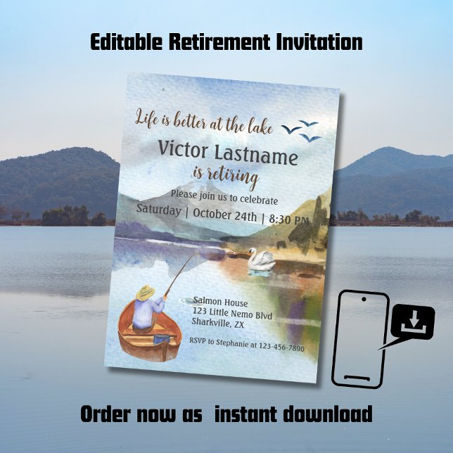 Retirement fishing at the lake watercolor announcement (Creator Uploaded)