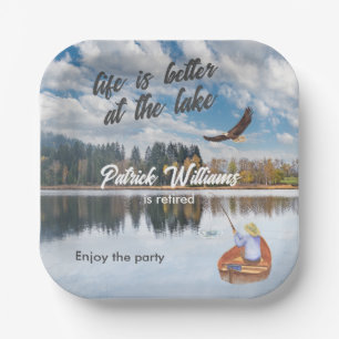 Retirement fishing at the lake watercolor paper plates