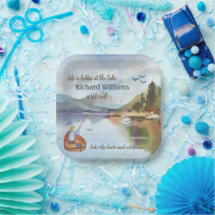 Retirement fishing at the lake watercolor paper plates