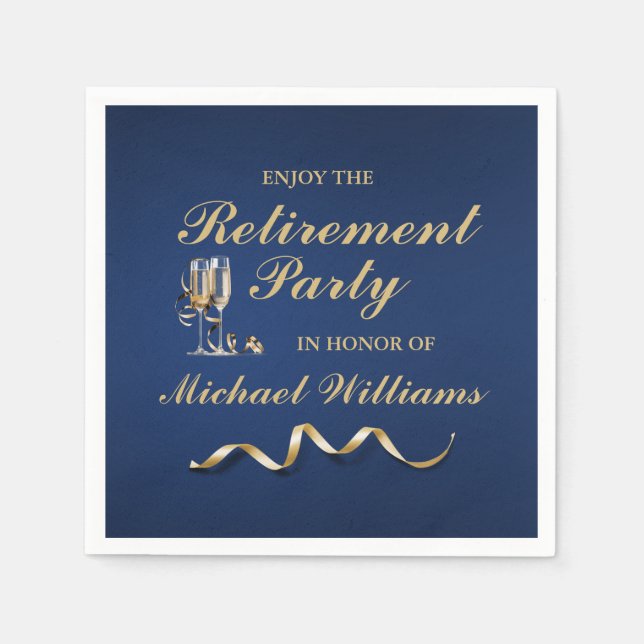 Retirement Formal Classic Champagne Glass Blue Napkins (Front)