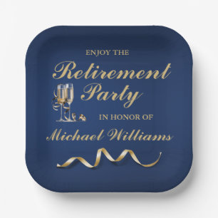 Retirement Formal Classic Champagne Glass Blue Paper Plates