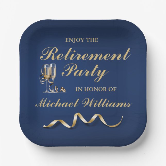 Retirement Formal Classic Champagne Glass Blue Paper Plates (Front)