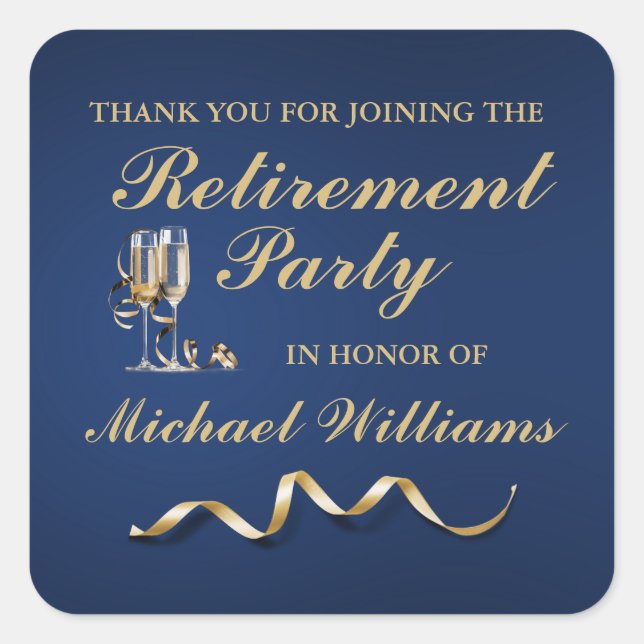 Retirement Formal Classic Champagne Glass Blue Square Sticker (Front)
