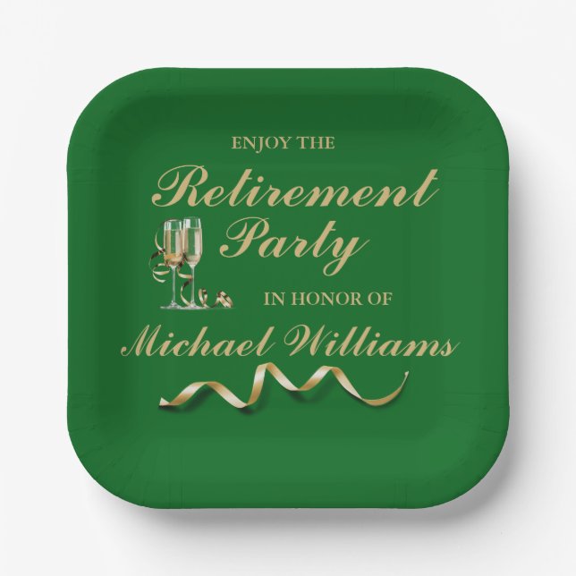 Retirement Formal Classic Champagne Glass Green Paper Plates (Front)