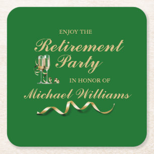 Retirement Formal Classic Champagne Glass Green Square Paper Coaster