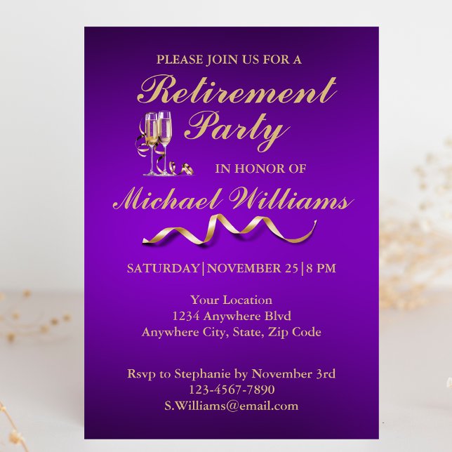 Retirement Formal Classic Champagne Glass Purple Invitation (Creator Uploaded)
