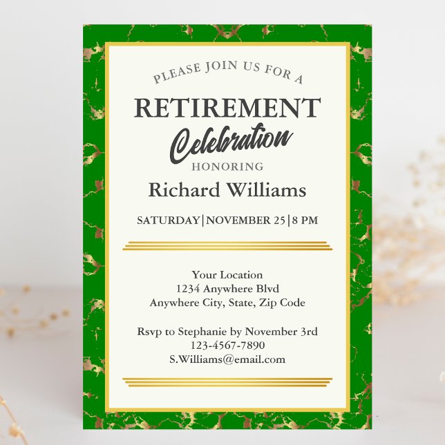 Retirement Formal Green Gold Marble Celebration Invitation (Creator Uploaded)