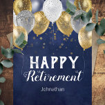 Retirement Gold and Silver Glitter Blue Card<br><div class="desc">Lovely and elegant fonts say "Happy Retirement!" . Inside the card is adjustable text with a statement of congratulations. Blue background with fun silver and gold party balloons.</div>