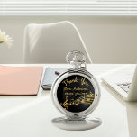Retirement gold music notes black music teacher pocket watch<br><div class="desc">Simple and elegant retirement gift for a male or female music teacher! A classic black colored background with faux gold music notes. Template for a name,  and the thext: Thank You,  golden letters.   Thank you is written with a modern hand lettered style script.</div>
