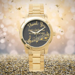 Retirement gold music notes black music teacher watch<br><div class="desc">Simple and elegant retirement gift for a male or female music teacher! A classic black colored background with faux gold music notes. Template for a name,  and the thext: Thank You,  golden letters.   Thank you is written with a modern hand lettered style script.</div>