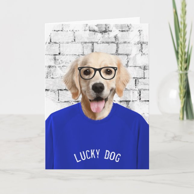 retirement golden retriever in blue t-shirt card (Front)