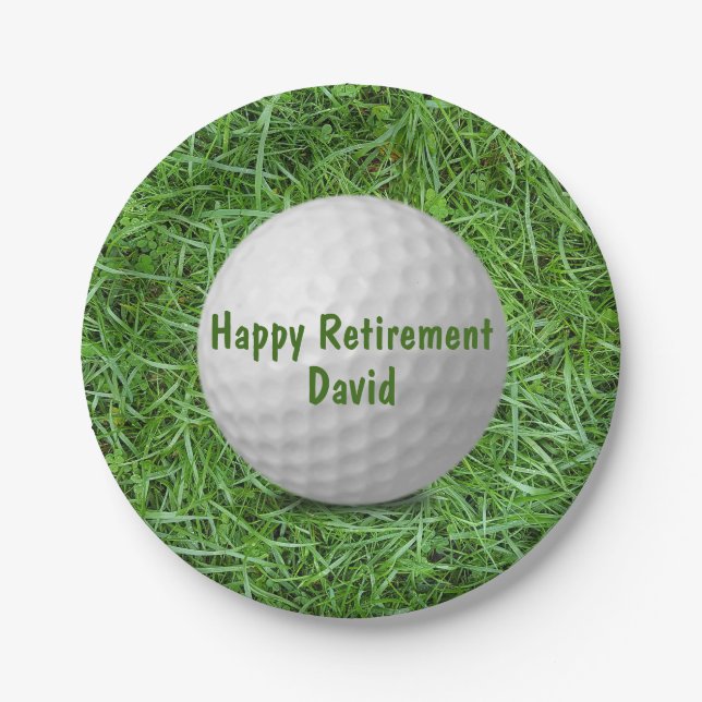 Retirement Golf Ball on Grass  Paper Plate (Front)