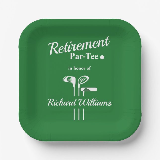 Retirement Golf Clubs Green White Themed Par Tee Paper Plates (Front)