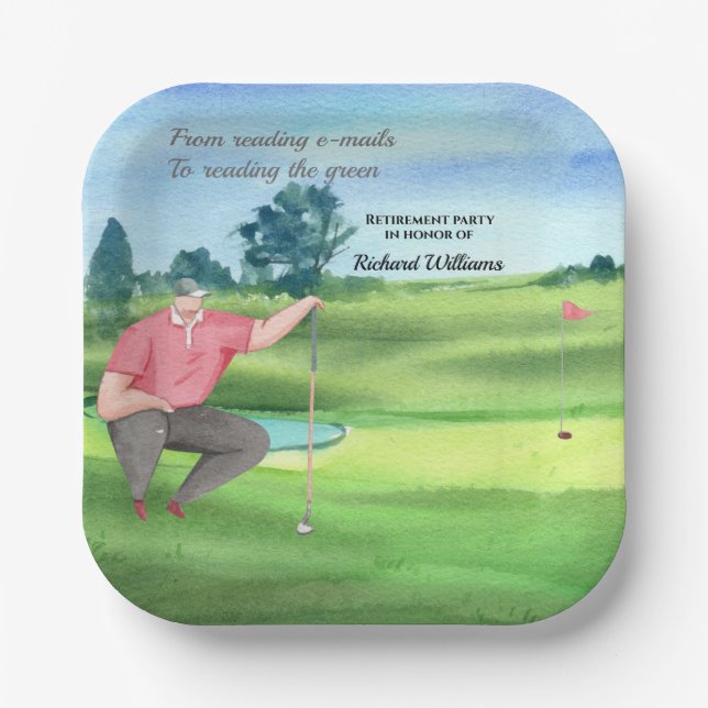 Retirement Golf Man Reading the Green Watercolor Paper Plates (Front)