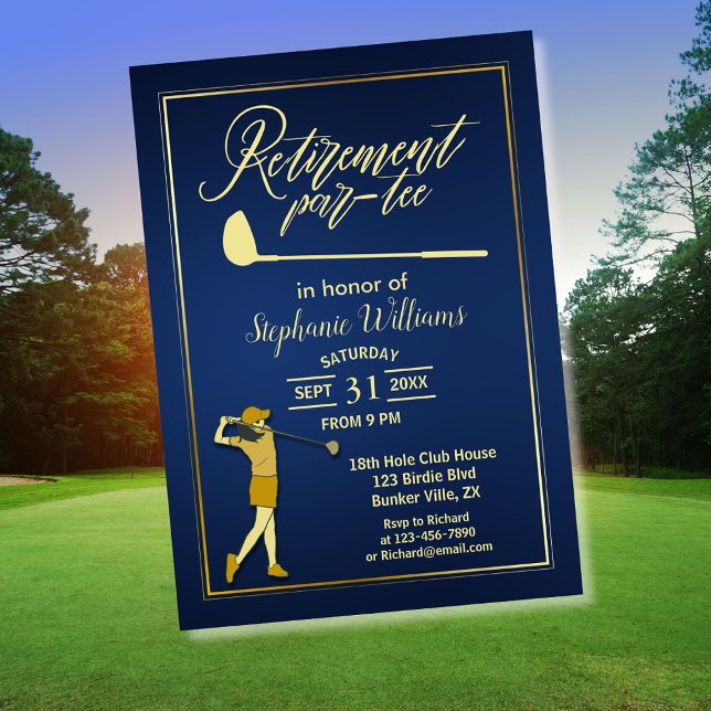 Retirement Golf Party Classic Blue Golden Woman  Invitation (Creator Uploaded)