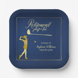 Retirement Golf Party Classic Blue Golden Woman  Paper Plates
