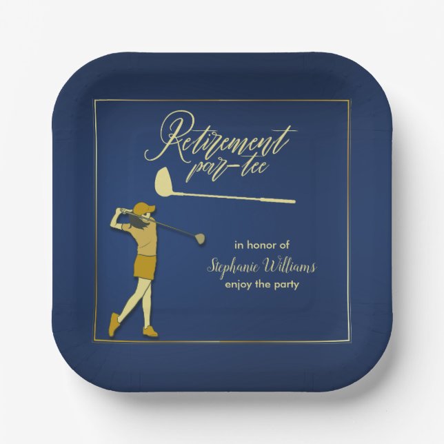 Retirement Golf Party Classic Blue Golden Woman  Paper Plates (Front)