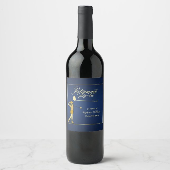 Retirement Golf Party Classic Blue Golden Woman  Wine Label (Front)