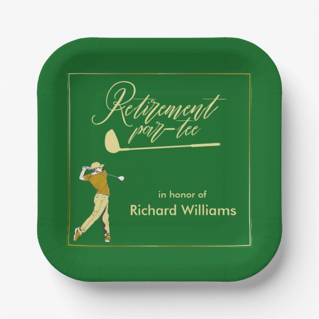 Retirement Golf Party Classic Green Golden Player  Paper Plates (Front)