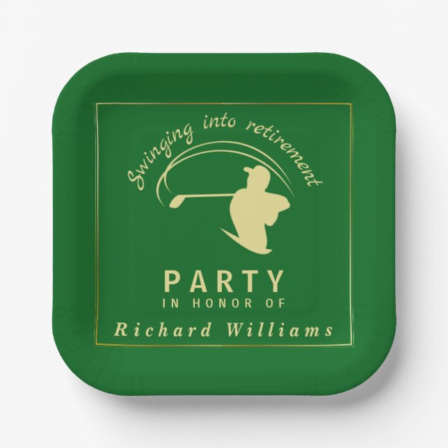 Retirement Golf Party Classic Green Golden Player  Paper Plates (Front)
