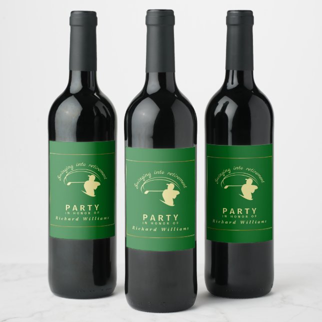 Retirement Golf Party Classic Green Golden Player  Wine Label (Bottles)