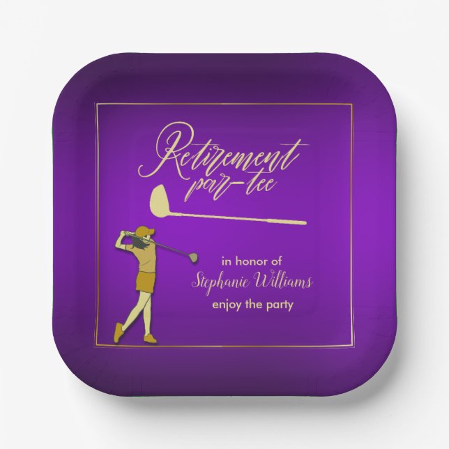 Retirement Golf Party Classic Purple Golden Woman Paper Plates (Front)