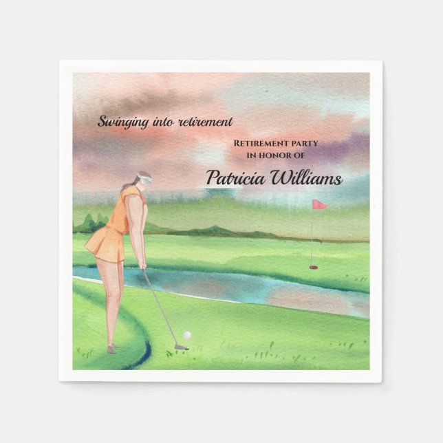 Retirement Golf Woman Swinging on the Green Napkins (Front)