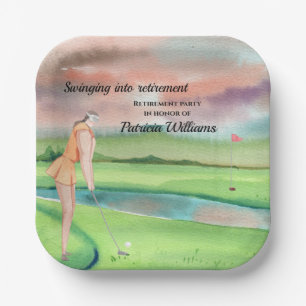 Retirement Golf Woman Swinging on the Green Paper Plates