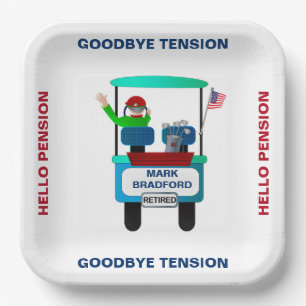 Retirement Golfer in Cart Waving Goodbye Tension Paper Plates