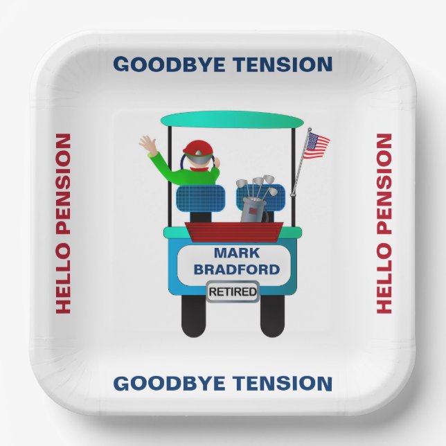 Retirement Golfer in Cart Waving Goodbye Tension Paper Plates (Front)