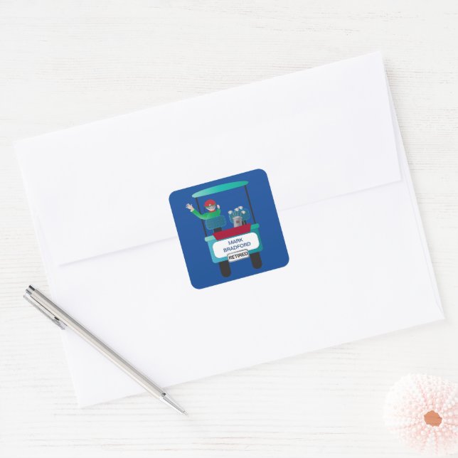 Retirement Golfer in Golf Cart Waving Goodbye Square Sticker (Envelope)