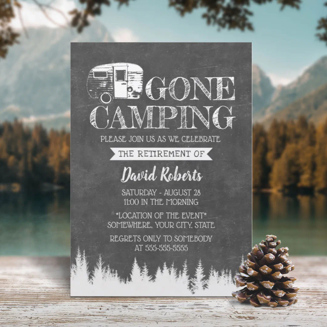 Retirement Gone Camping Rustic Forest Chalkboard Invitation (Creator Uploaded)