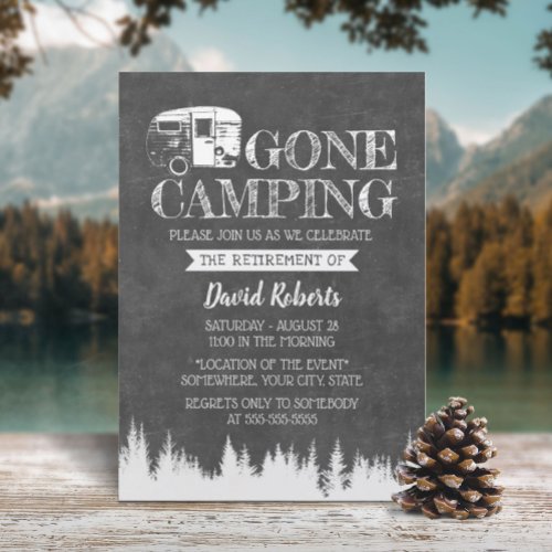 Retirement Gone Camping Rustic Forest Chalkboard Invitation
