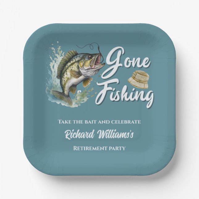 Retirement Gone Fishing Big Fish Retired Fisherman Paper Plates (Front)