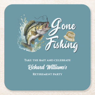 Retirement Gone Fishing Big Fish Retired Fisherman Square Paper Coaster